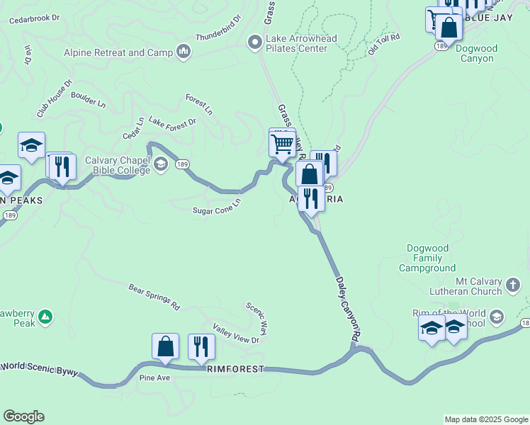map of restaurants, bars, coffee shops, grocery stores, and more near 872 Sierra Vista Drive in Twin Peaks