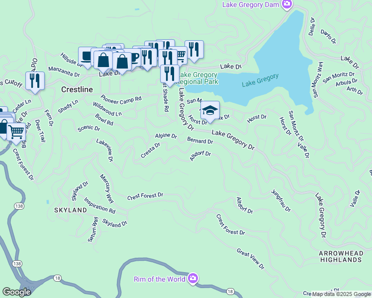 map of restaurants, bars, coffee shops, grocery stores, and more near 24166 Cresta Drive in Crestline