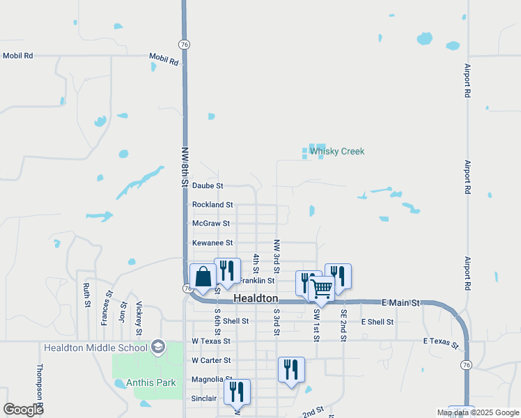map of restaurants, bars, coffee shops, grocery stores, and more near 909 Northwest 4th Street in Healdton