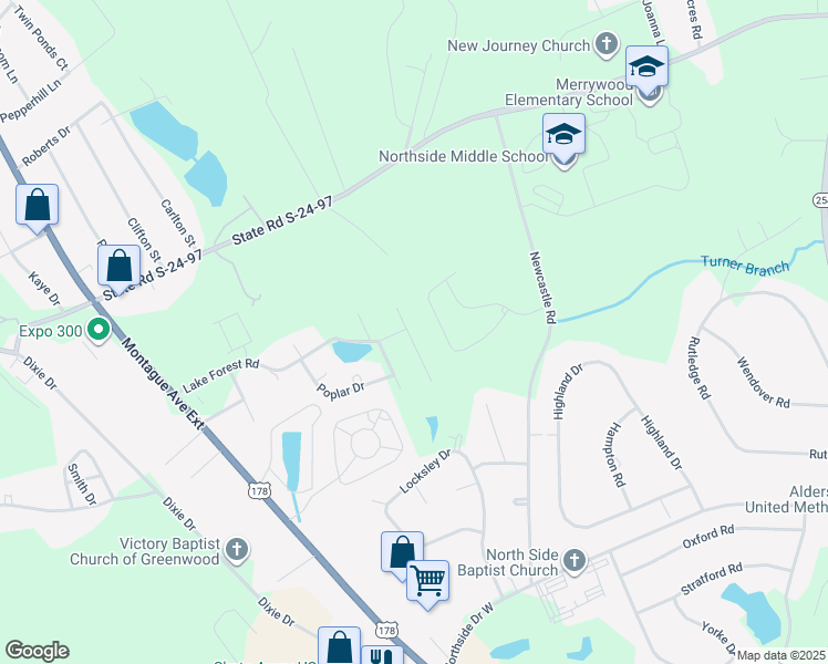 map of restaurants, bars, coffee shops, grocery stores, and more near 123 Ronnie Drive in Greenwood