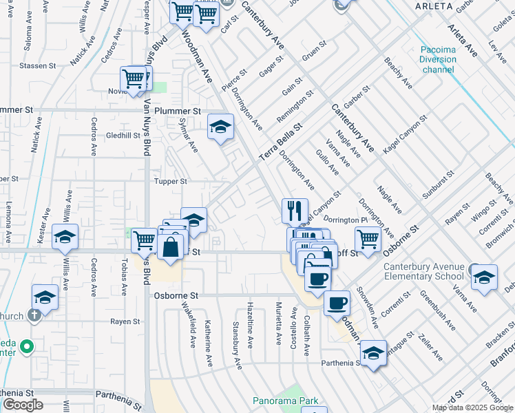 map of restaurants, bars, coffee shops, grocery stores, and more near 9235 Woodman Avenue in Los Angeles