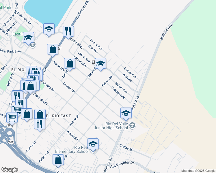 map of restaurants, bars, coffee shops, grocery stores, and more near 733 Corsicana Drive in Oxnard