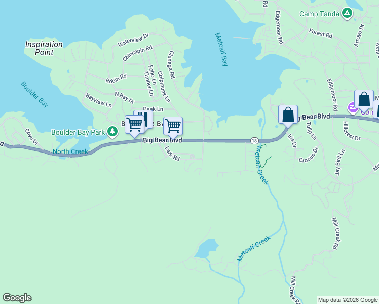 map of restaurants, bars, coffee shops, grocery stores, and more near 39375 Moab Lane in Big Bear Lake
