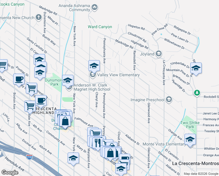 map of restaurants, bars, coffee shops, grocery stores, and more near 3146 Orange Avenue in La Crescenta-Montrose