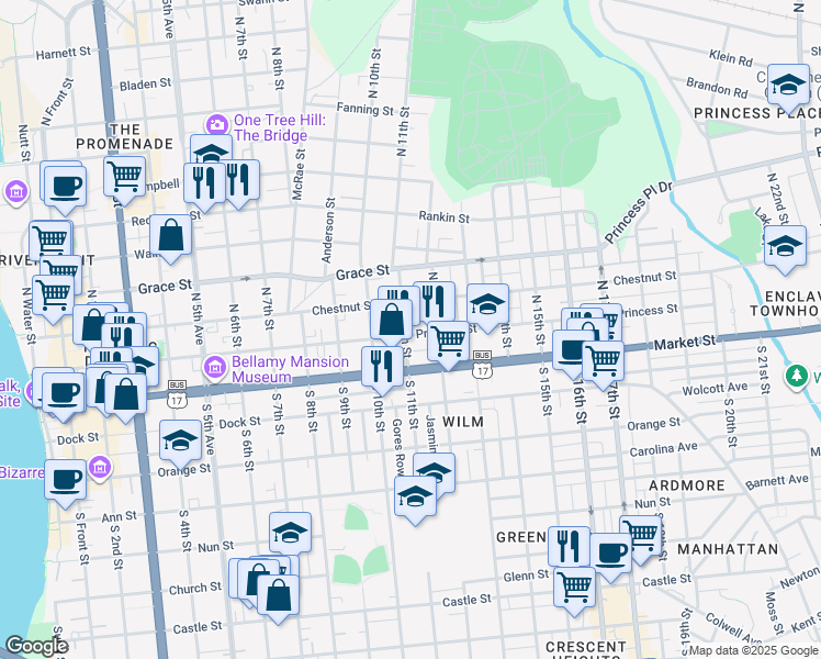 map of restaurants, bars, coffee shops, grocery stores, and more near 1019 Princess Street in Wilmington