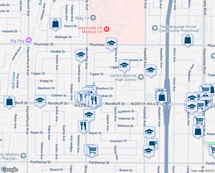 map of restaurants, bars, coffee shops, grocery stores, and more near 16035 Dearborn Street in Los Angeles