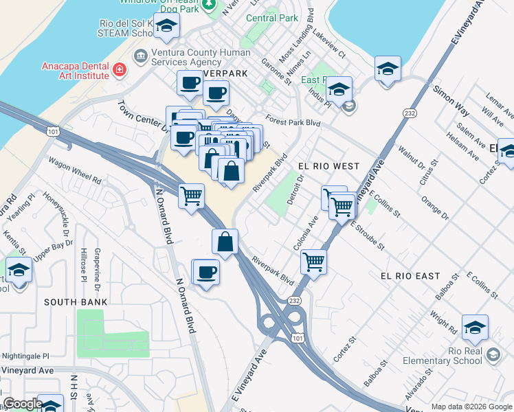 map of restaurants, bars, coffee shops, grocery stores, and more near 341 American River Court in Oxnard