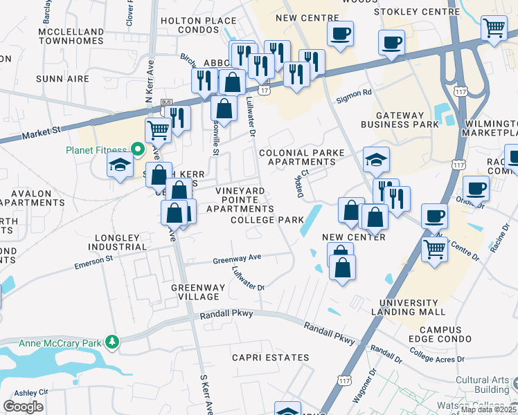 map of restaurants, bars, coffee shops, grocery stores, and more near 224 Durango Place in Wilmington