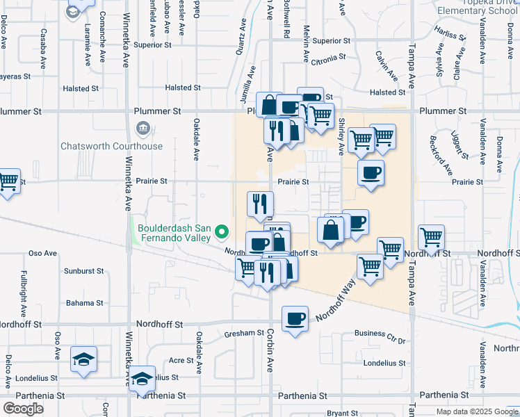 map of restaurants, bars, coffee shops, grocery stores, and more near 9221 Corbin Avenue in Los Angeles