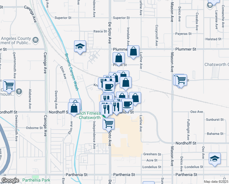 map of restaurants, bars, coffee shops, grocery stores, and more near 9168 De Soto Avenue in Los Angeles