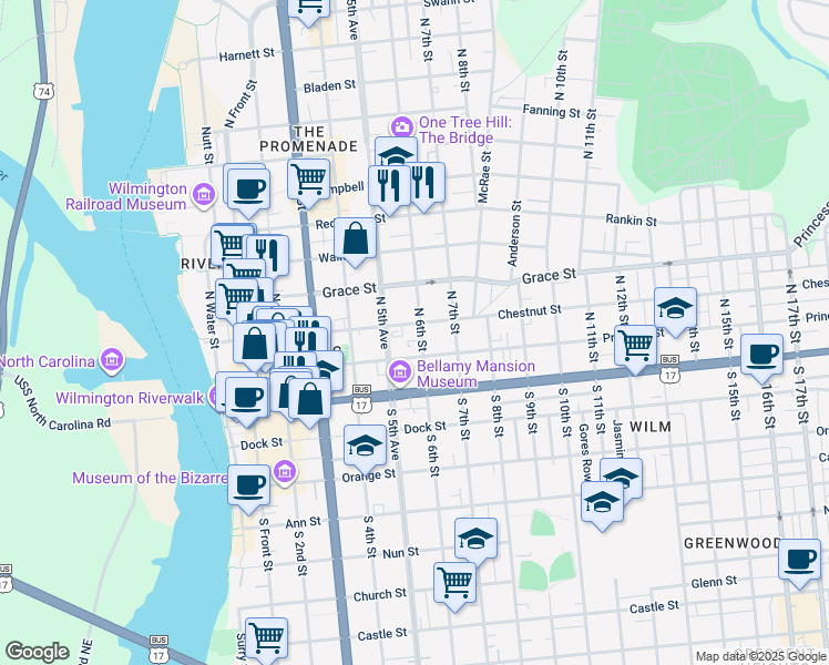 map of restaurants, bars, coffee shops, grocery stores, and more near 117 North 6th Street in Wilmington
