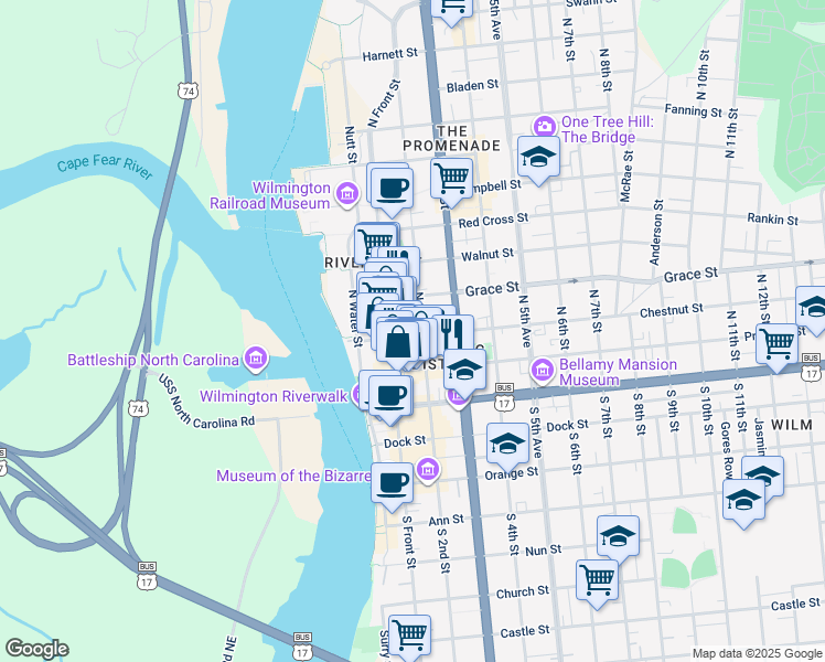 map of restaurants, bars, coffee shops, grocery stores, and more near 121 Chestnut Street in Wilmington