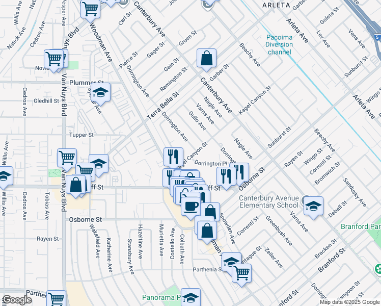 map of restaurants, bars, coffee shops, grocery stores, and more near 14061 Kagel Canyon Street in Los Angeles