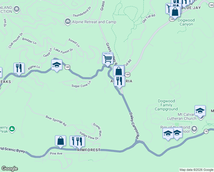 map of restaurants, bars, coffee shops, grocery stores, and more near 844 Sierra Vista Drive in Lake Arrowhead