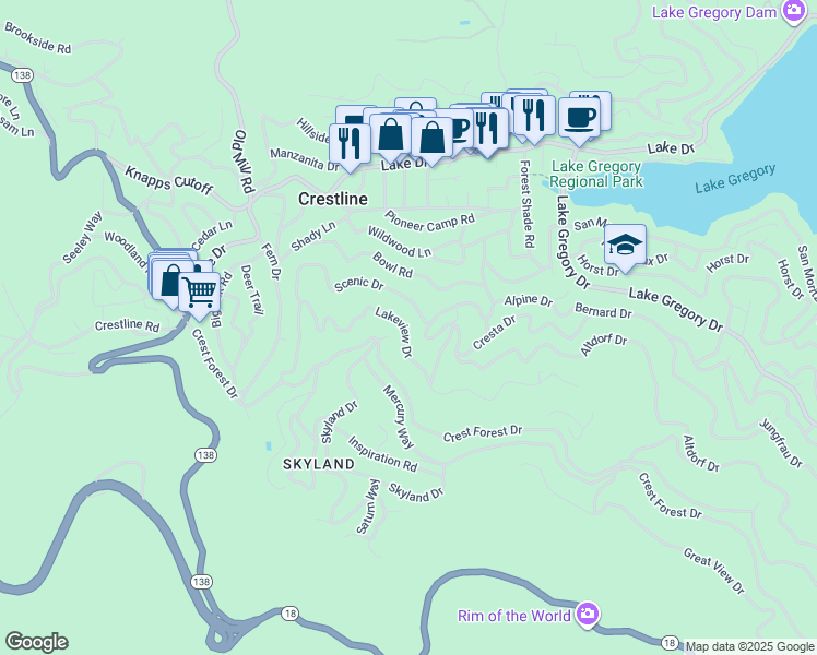 map of restaurants, bars, coffee shops, grocery stores, and more near 23870 Lakeview Drive in Crestline