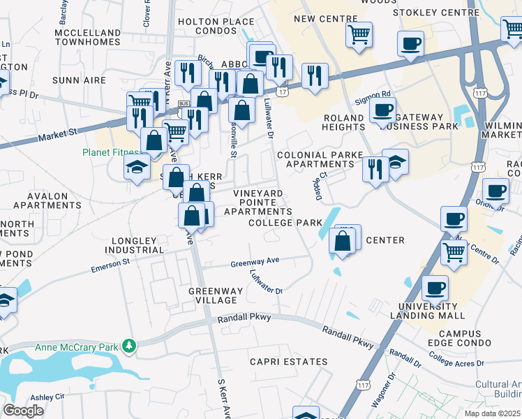 map of restaurants, bars, coffee shops, grocery stores, and more near 4917 Vineyard Lane in Wilmington