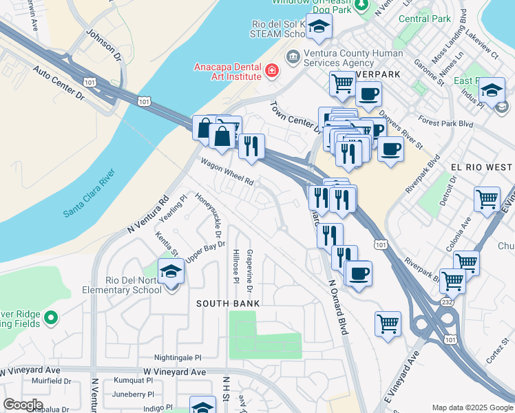map of restaurants, bars, coffee shops, grocery stores, and more near 545 Winchester Drive in Oxnard