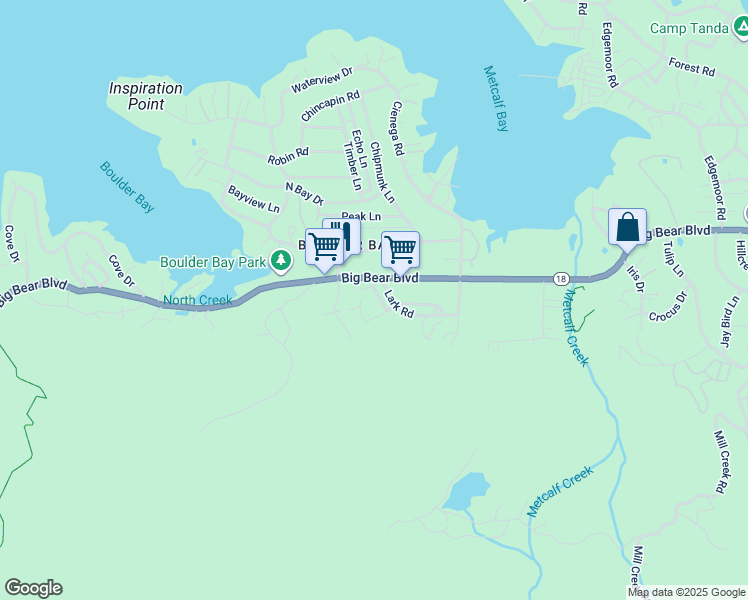 map of restaurants, bars, coffee shops, grocery stores, and more near 831 Crescent Lane in Big Bear Lake