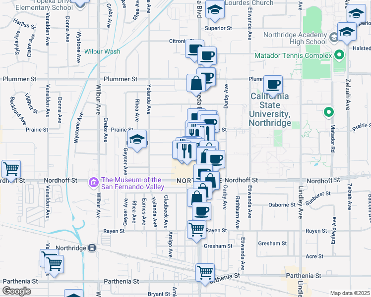 map of restaurants, bars, coffee shops, grocery stores, and more near 18531 Dearborn Street in Los Angeles