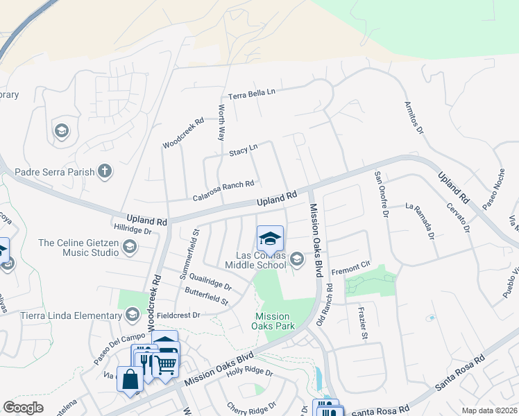 map of restaurants, bars, coffee shops, grocery stores, and more near 5617 Summerfield Street in Camarillo
