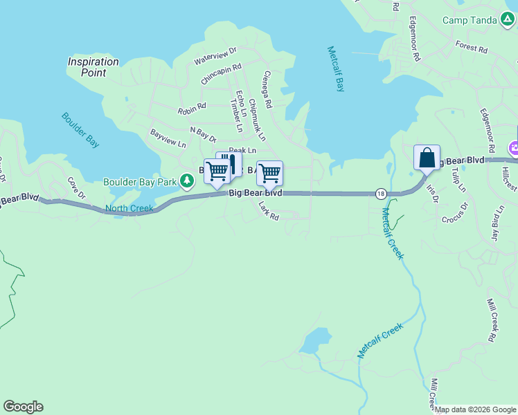 map of restaurants, bars, coffee shops, grocery stores, and more near 39311 Lark Road in Big Bear Lake