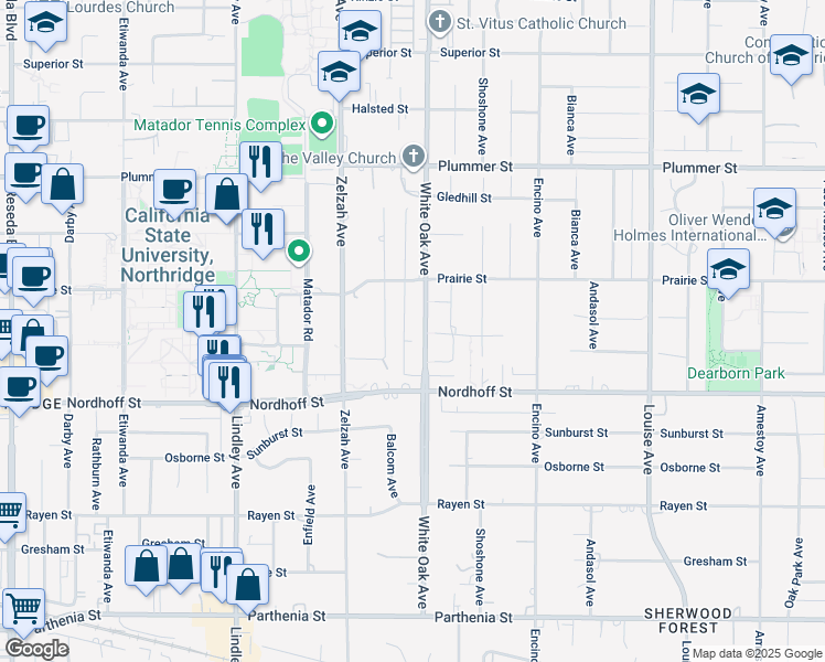 map of restaurants, bars, coffee shops, grocery stores, and more near 9152 Balcom Avenue in Los Angeles