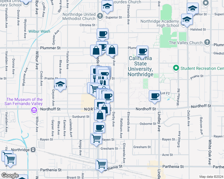 map of restaurants, bars, coffee shops, grocery stores, and more near 18415 Dearborn Street in Los Angeles