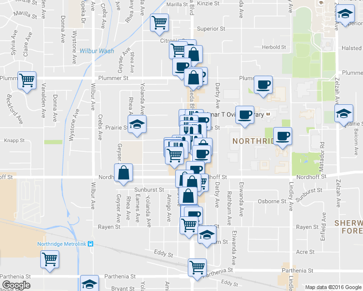 map of restaurants, bars, coffee shops, grocery stores, and more near 18541 Dearborn Street in Los Angeles