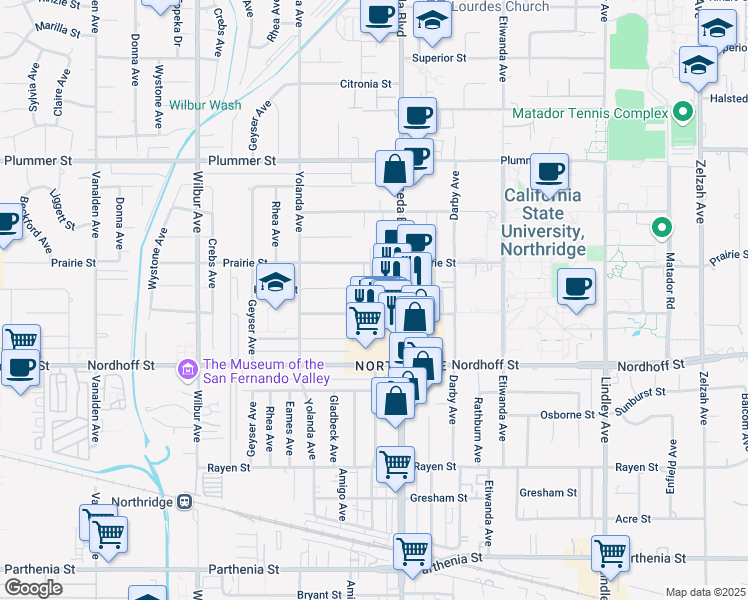 map of restaurants, bars, coffee shops, grocery stores, and more near 18541 Dearborn Street in Los Angeles