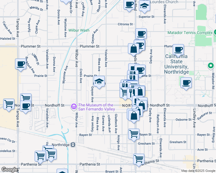 map of restaurants, bars, coffee shops, grocery stores, and more near 9200 Yolanda Avenue in Los Angeles