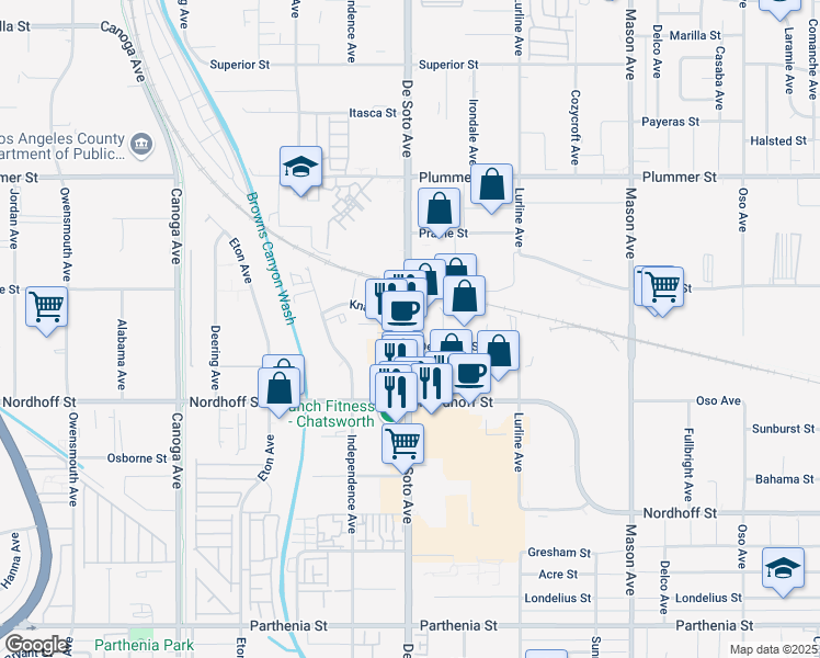 map of restaurants, bars, coffee shops, grocery stores, and more near 9168 De Soto Avenue in Los Angeles