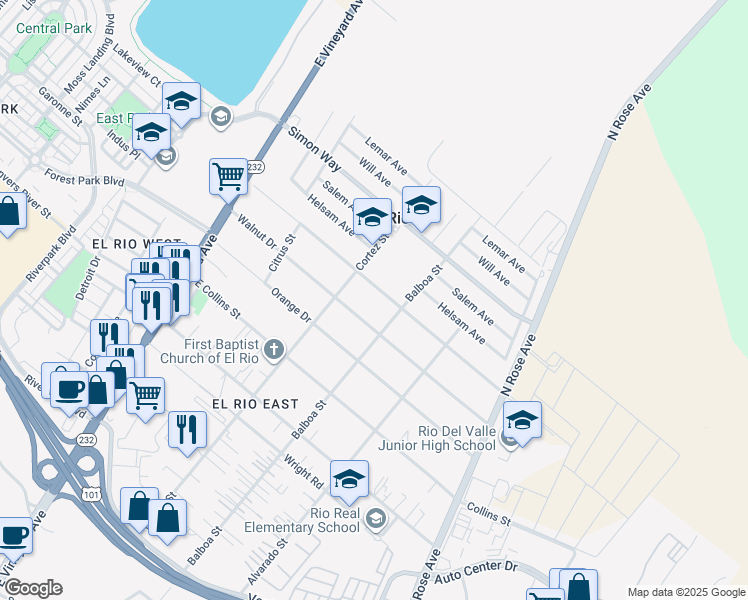 map of restaurants, bars, coffee shops, grocery stores, and more near Corsicana Drive in Oxnard