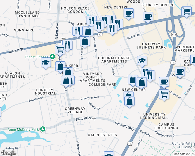 map of restaurants, bars, coffee shops, grocery stores, and more near in Wilmington