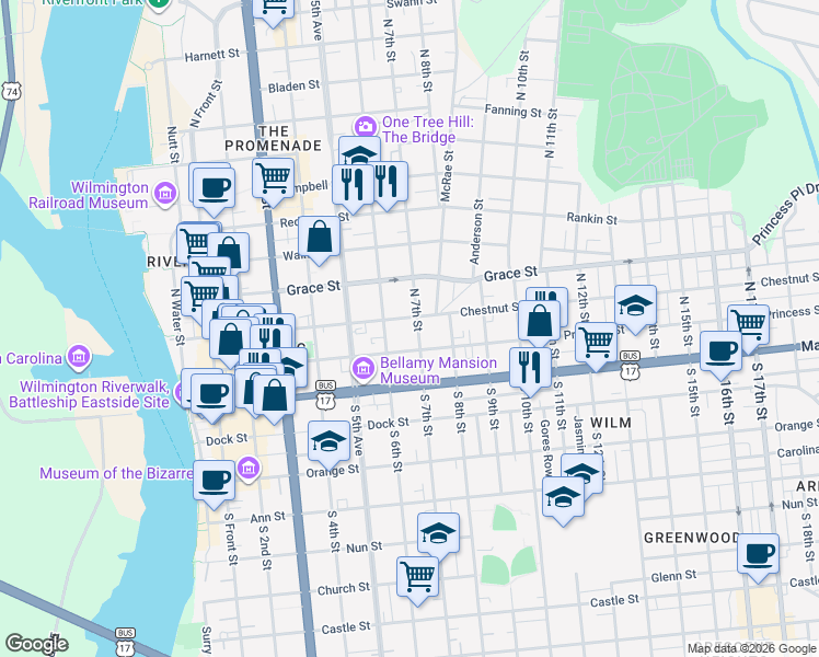 map of restaurants, bars, coffee shops, grocery stores, and more near 103 North 7th Street in Wilmington