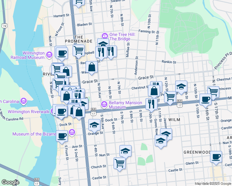 map of restaurants, bars, coffee shops, grocery stores, and more near 103 North 7th Street in Wilmington
