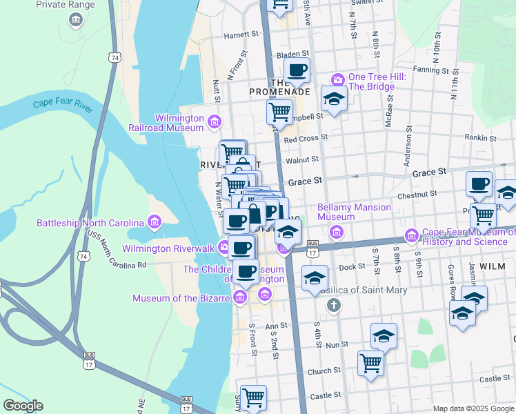 map of restaurants, bars, coffee shops, grocery stores, and more near 209 Princess Street in Wilmington