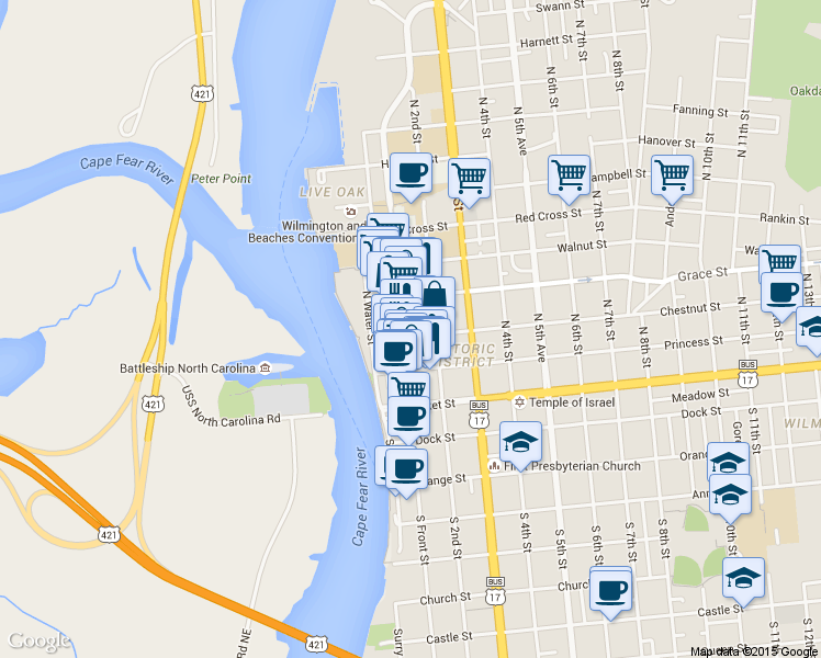 map of restaurants, bars, coffee shops, grocery stores, and more near 201 North Front Street in Wilmington