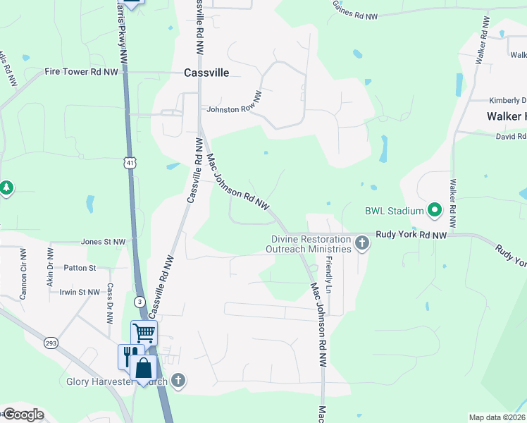 map of restaurants, bars, coffee shops, grocery stores, and more near 24 Alisha Circle Northwest in Cartersville