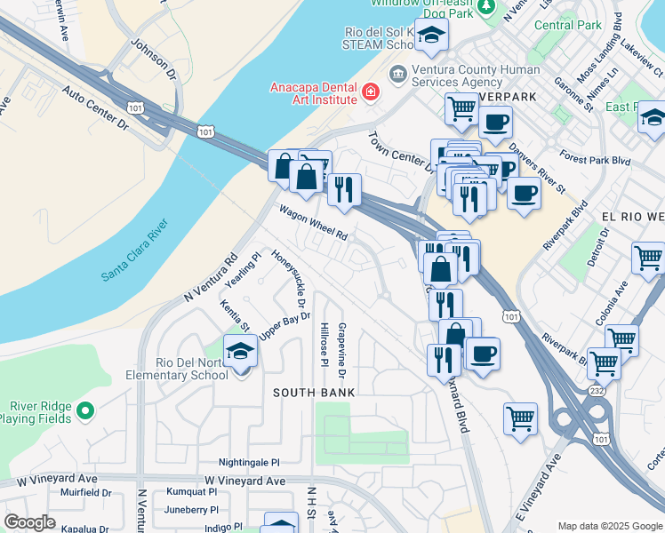 map of restaurants, bars, coffee shops, grocery stores, and more near 580 Winchester Drive in Oxnard