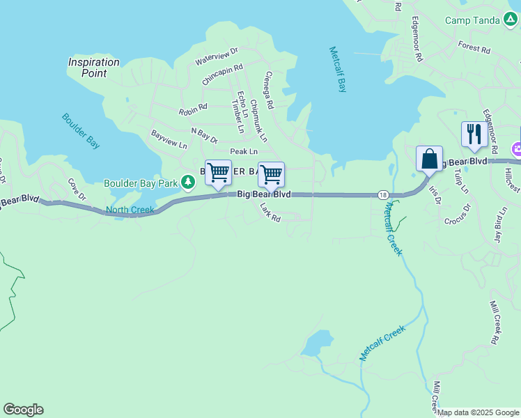 map of restaurants, bars, coffee shops, grocery stores, and more near 39307 Lark Road in Big Bear Lake