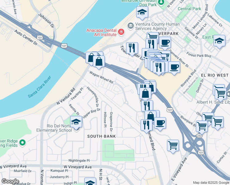 map of restaurants, bars, coffee shops, grocery stores, and more near 605 Winchester Drive in Oxnard