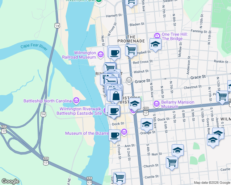 map of restaurants, bars, coffee shops, grocery stores, and more near 201 North Front Street in Wilmington