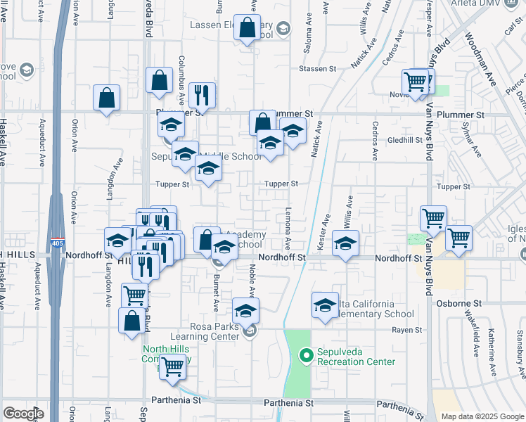 map of restaurants, bars, coffee shops, grocery stores, and more near 15034 Romero Place in Los Angeles