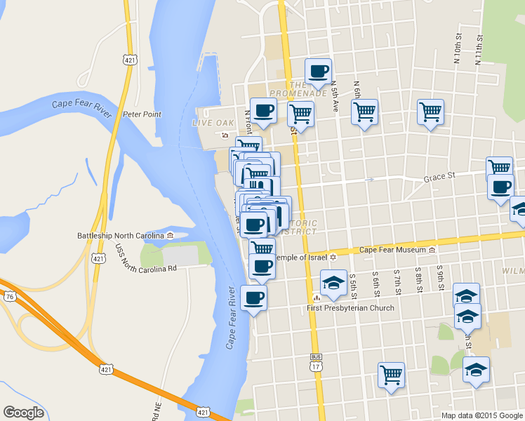 map of restaurants, bars, coffee shops, grocery stores, and more near 210 North Front Street in Wilmington