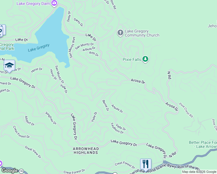 map of restaurants, bars, coffee shops, grocery stores, and more near 24923 Basel Drive in Crestline