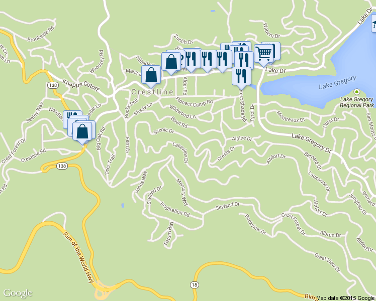 map of restaurants, bars, coffee shops, grocery stores, and more near 23870 Lakeview Drive in Crestline