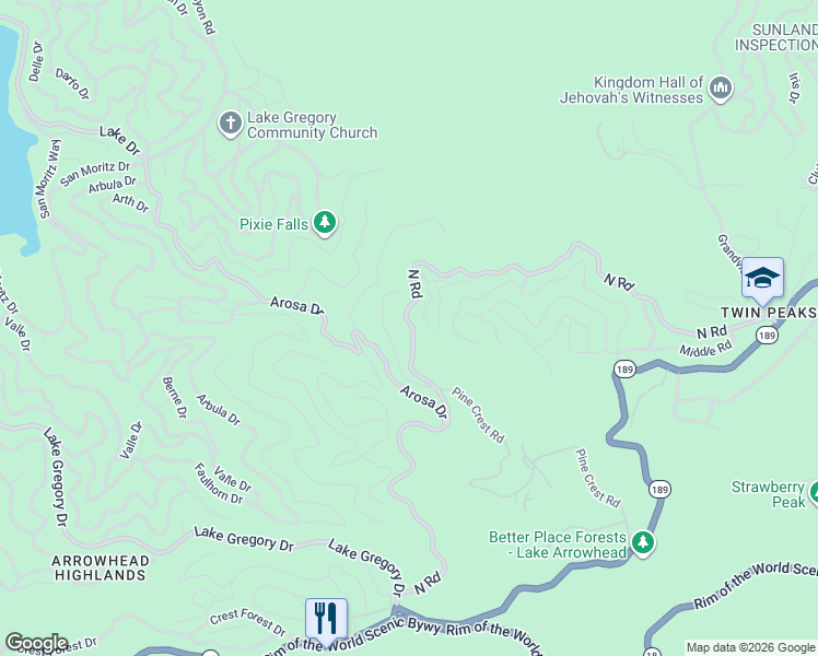map of restaurants, bars, coffee shops, grocery stores, and more near 25286 North Road in Twin Peaks