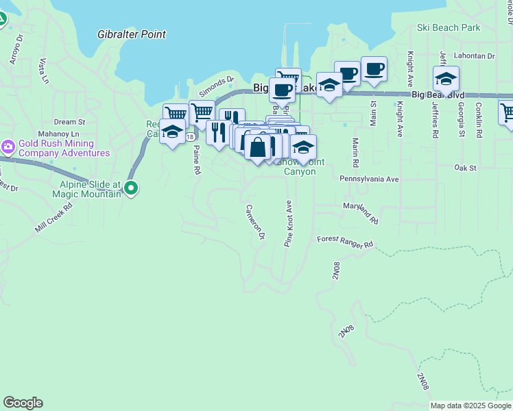 map of restaurants, bars, coffee shops, grocery stores, and more near 819 Cameron Drive in Big Bear Lake