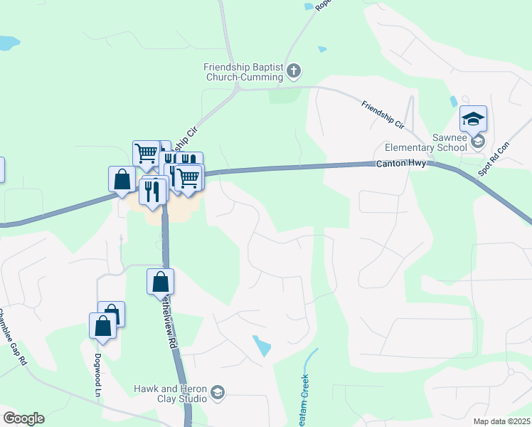 map of restaurants, bars, coffee shops, grocery stores, and more near 2355 Woodland Hills Drive in Cumming