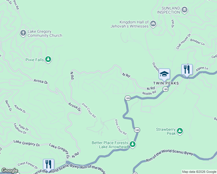 map of restaurants, bars, coffee shops, grocery stores, and more near 25576 Hi Lane in Twin Peaks